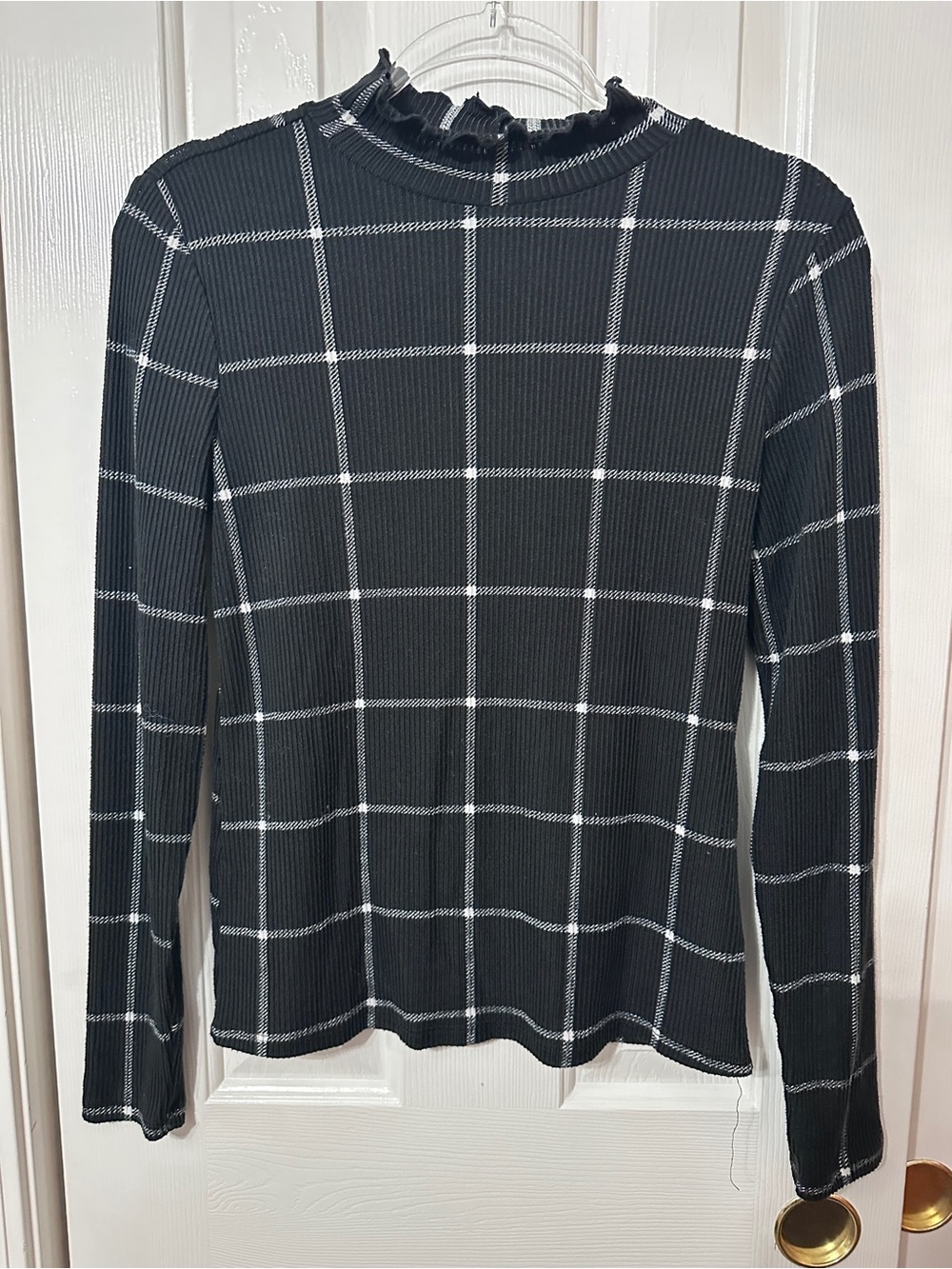 Maurices Black Windowpane Ribbed Mock Neck Top